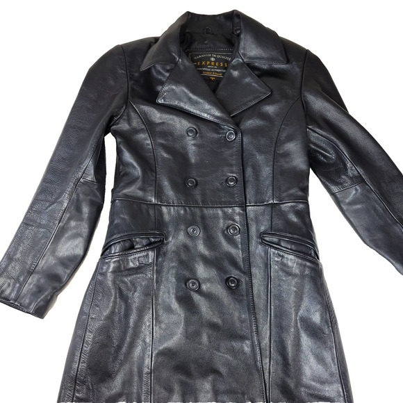 Express Garantie De Qualite Womens Sz Small Jacket Black Leather Coat Buttons - Picture 9 of 16